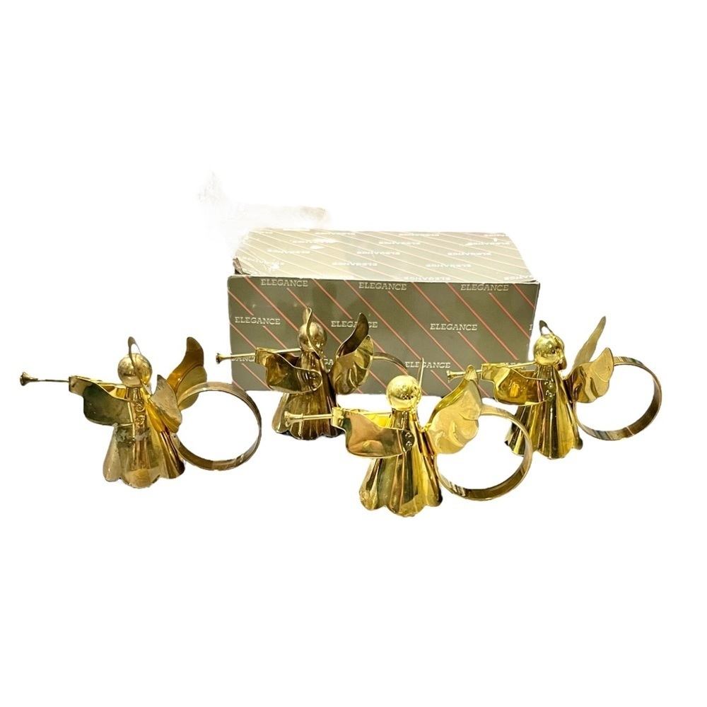 Elegance Vintage Brass Angel Napkin Rings Set of 4 in Box